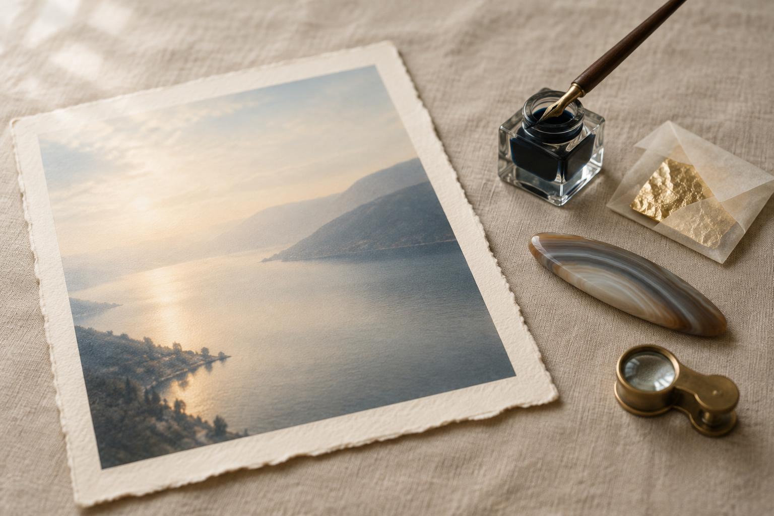 One of our own photographs printed with a deckled edge on linen, with the text of the piece set beside it